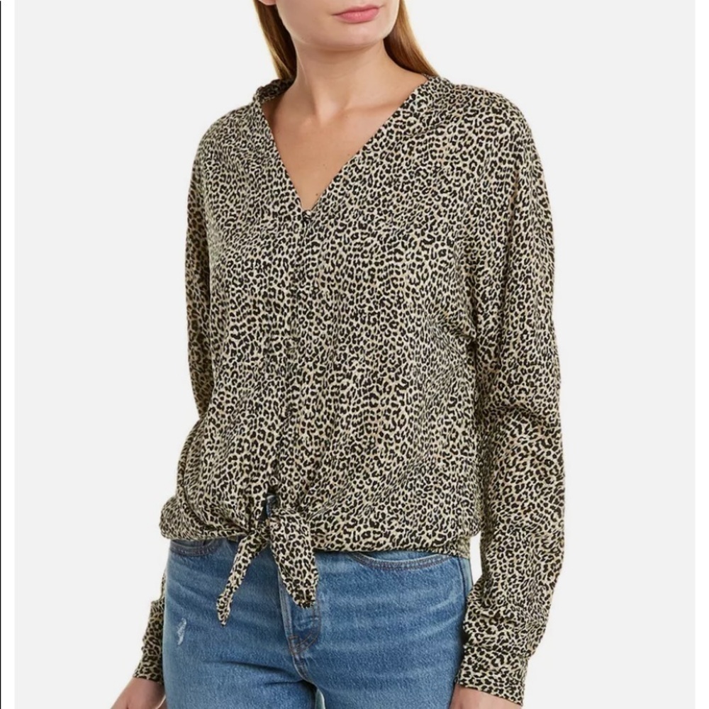 Beachlunchlounge Leopard Tie Front Long-Sleeve Button Down Top Size Small
